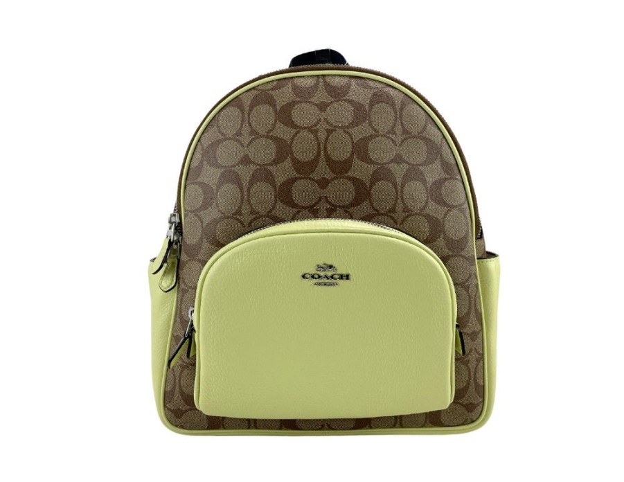 Women COACH Women Backpacks | Coach (5671) Court Signature Leather Khaki/Pale Lime Medium Backpack B