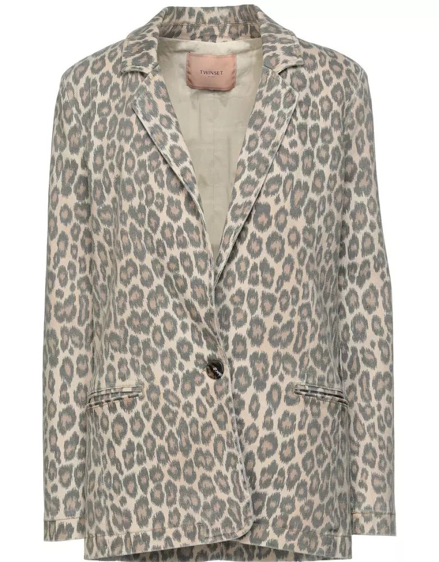 Women Twinset Women'S Suits & Blazers | Twinset Chic Leopard Print One-Button Jacket