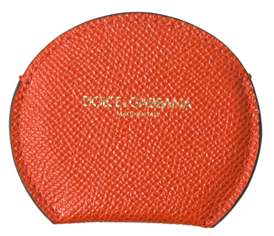 Women Dolce & Gabbana Women'S Others Accessories | Dolce & Gabbana Orange Calfskin Leather Round Logo Hand Mirror Holder