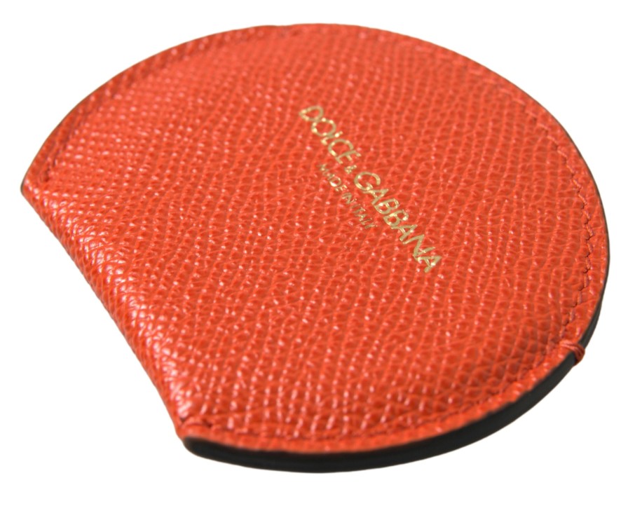 Women Dolce & Gabbana Women'S Others Accessories | Dolce & Gabbana Orange Calfskin Leather Round Logo Hand Mirror Holder