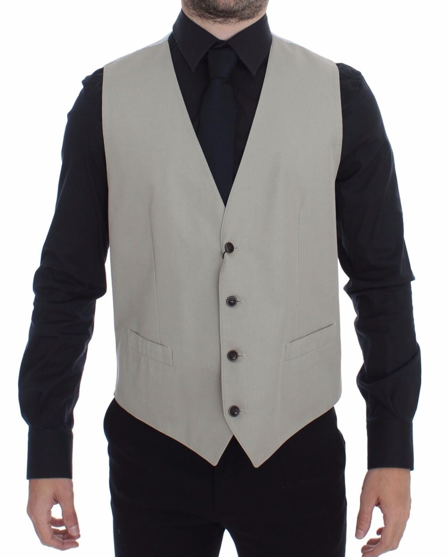 Men Dolce & Gabbana Men'S Vests | Dolce & Gabbana Beige Cotton Silk Blend Dress Vest Blazer