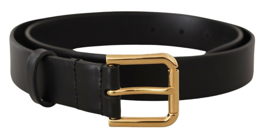 Men Dolce & Gabbana Men'S Belts | Dolce & Gabbana Black Calf Leather Gold Metal Logo Buckle Brown