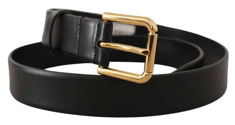 Men Dolce & Gabbana Men'S Belts | Dolce & Gabbana Black Calf Leather Gold Metal Logo Buckle Brown