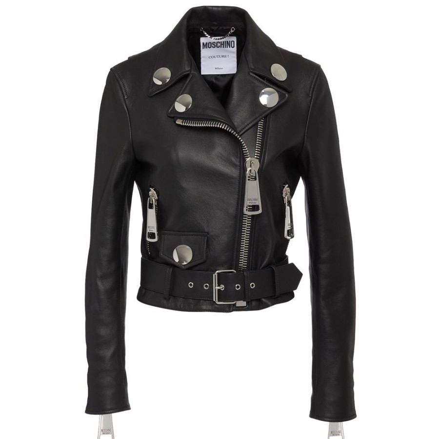 Women Moschino Couture Women'S Jackets & Coats | Moschino Couture Chic Asymmetric Leather Biker Jacket With Stud Detail