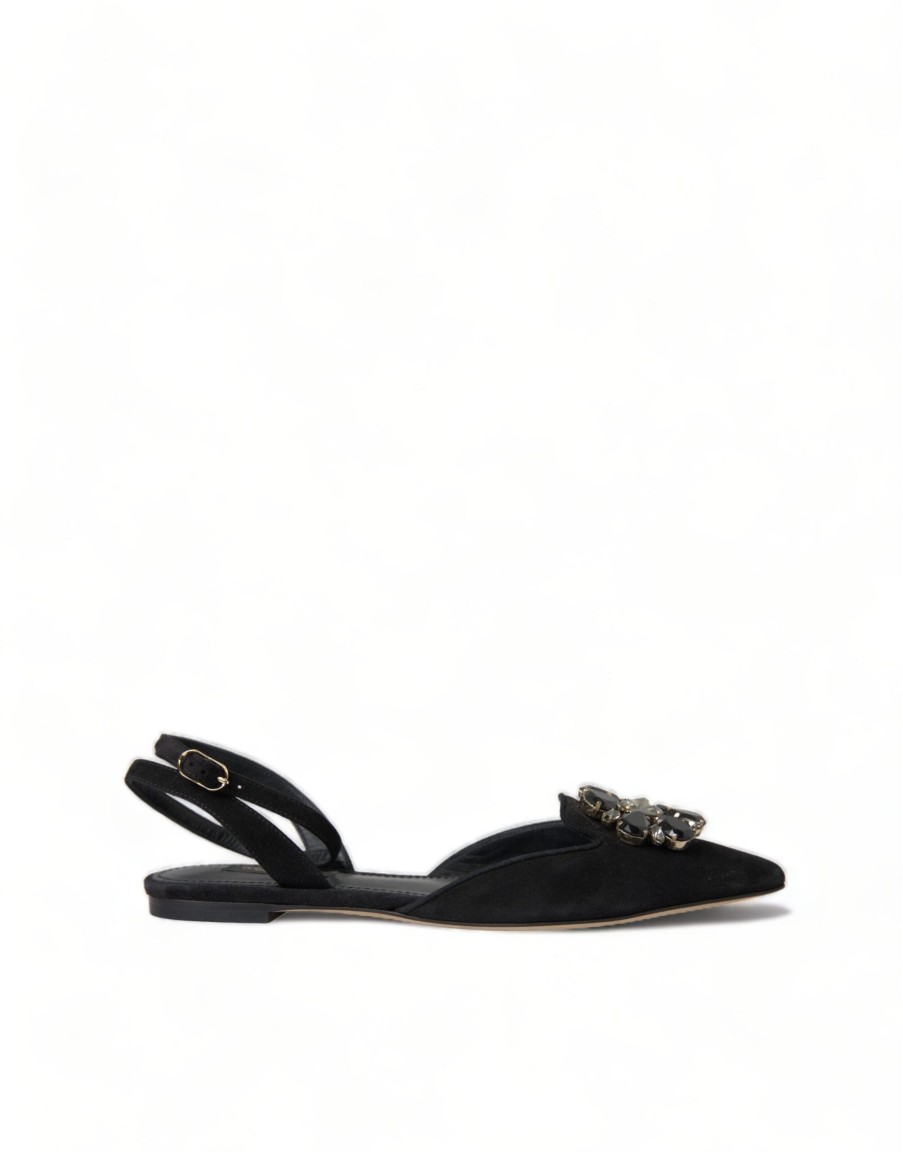 Women Dolce & Gabbana Women'S Flat Shoes | Dolce & Gabbana Black Leather Crystal Slingback Flats Shoes