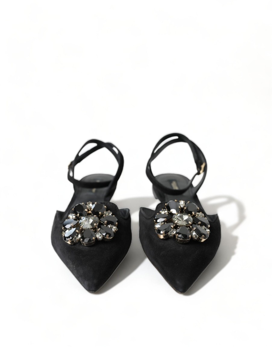 Women Dolce & Gabbana Women'S Flat Shoes | Dolce & Gabbana Black Leather Crystal Slingback Flats Shoes