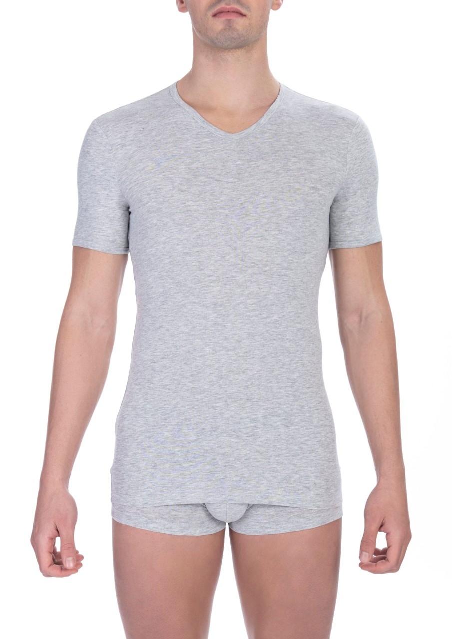 Men Bikkembergs Men'S T-Shirts | Bikkembergs Sleek V-Neck Gray Cotton Blend Tee