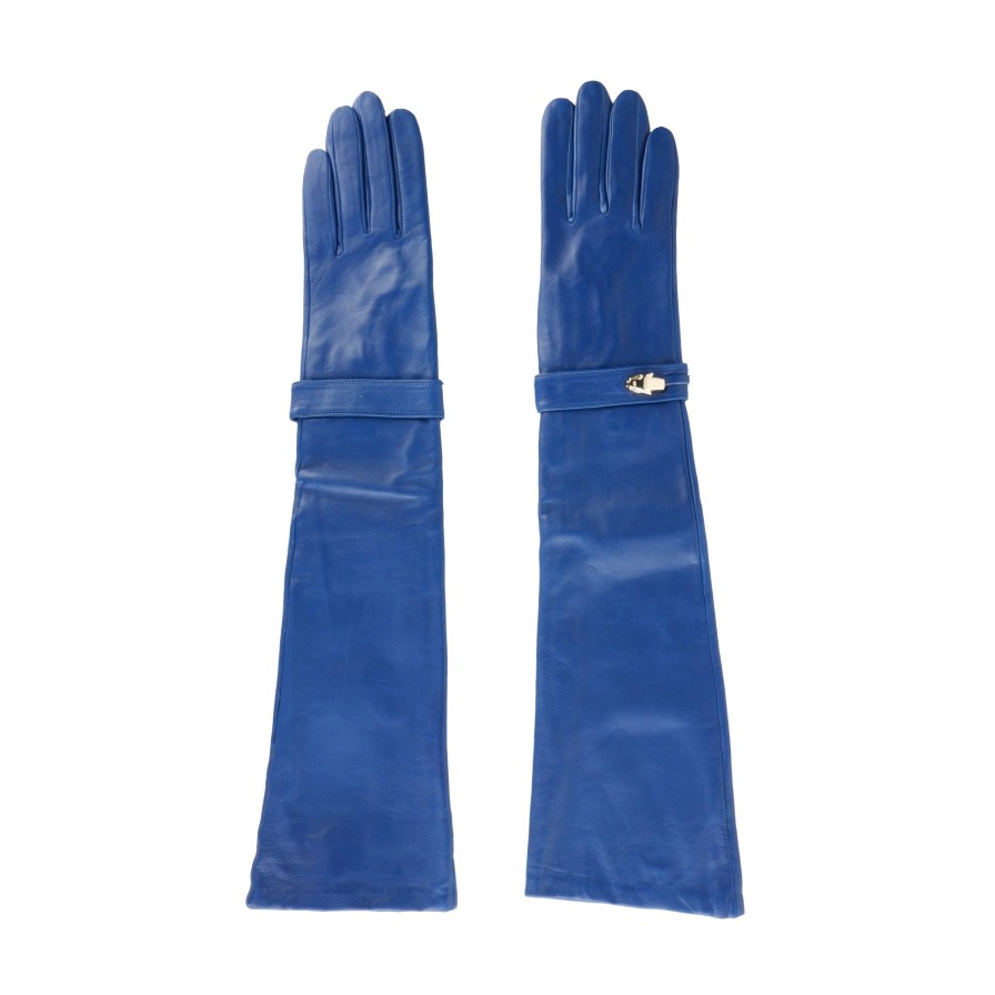 Women Cavalli Class Women'S Gloves | Cavalli Class Elegant Lambskin Leather Gloves In Riveting Blue