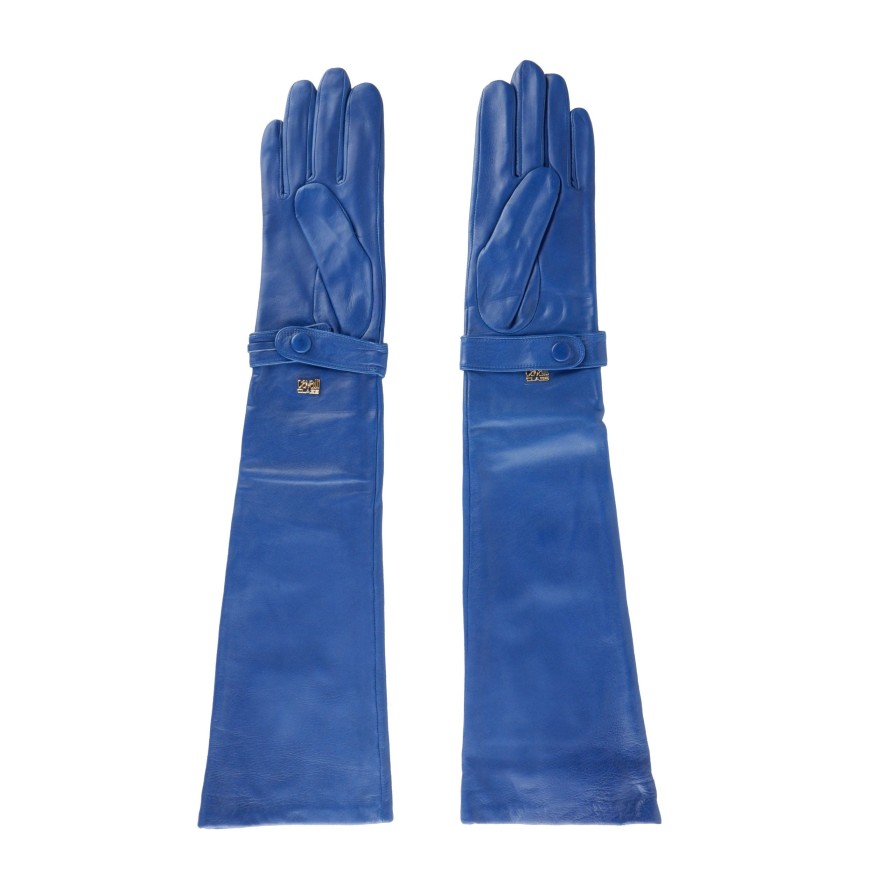 Women Cavalli Class Women'S Gloves | Cavalli Class Elegant Lambskin Leather Gloves In Riveting Blue