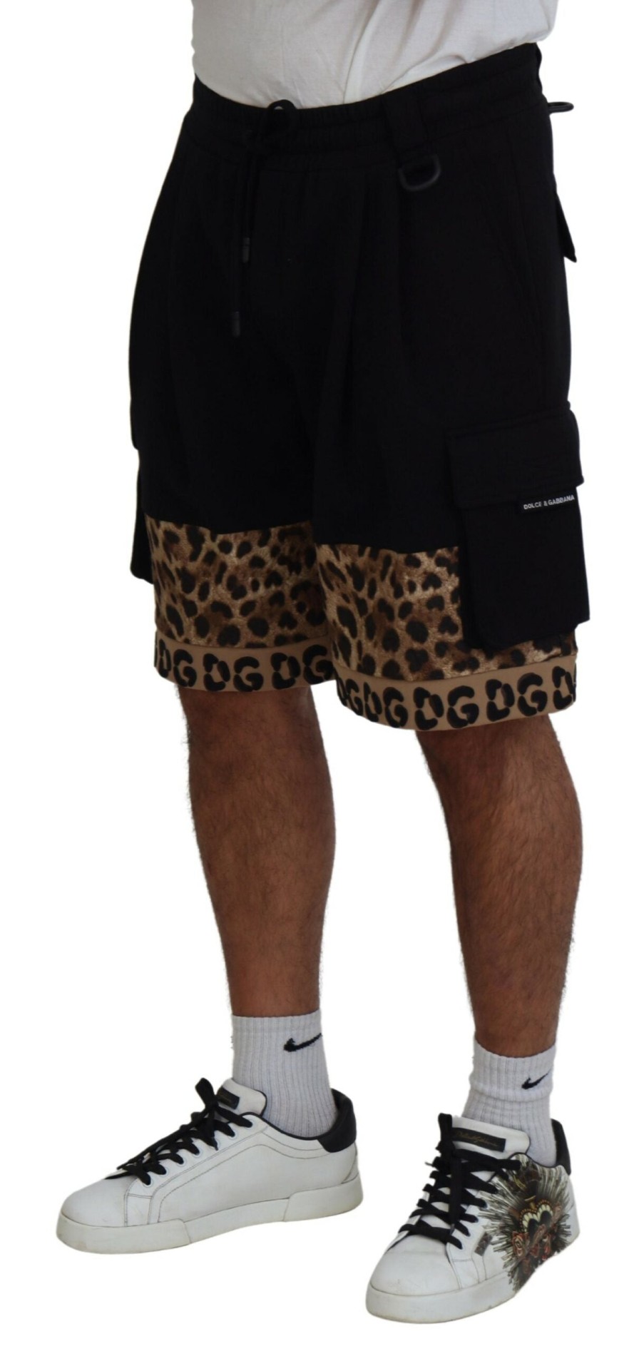 Men Dolce & Gabbana Men'S Shorts | Dolce & Gabbana Black Brown Leopard Dgprint Men Casual Shorts