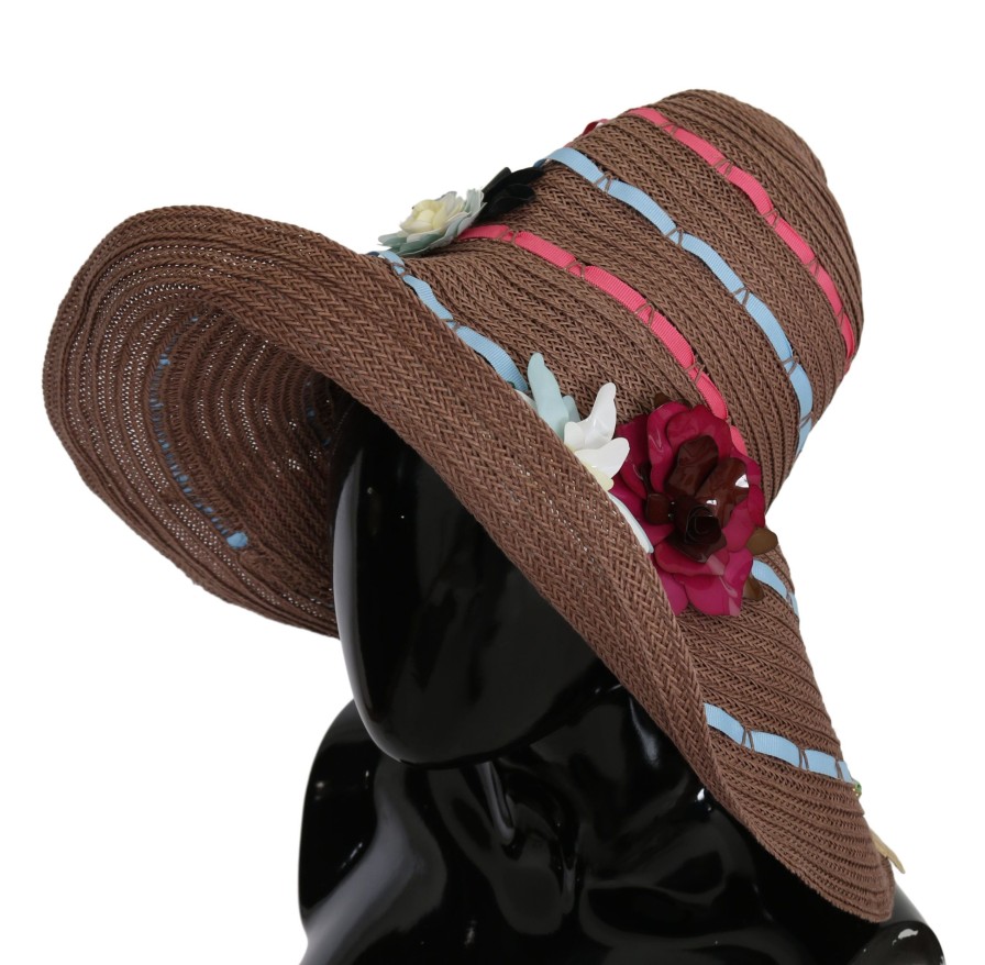 Women Dolce & Gabbana Women'S Hats | Dolce & Gabbana Brown Floral Wide Brim Straw Floppy Cap Hat