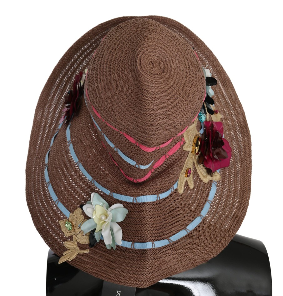 Women Dolce & Gabbana Women'S Hats | Dolce & Gabbana Brown Floral Wide Brim Straw Floppy Cap Hat