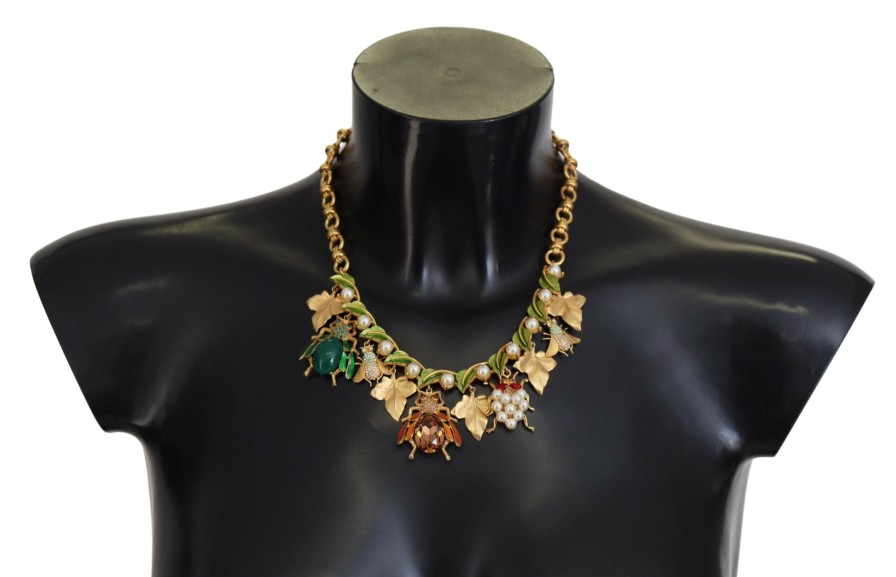 Women Dolce & Gabbana Women'S Necklaces | Dolce & Gabbana Gold Brass Crystal Logo Bug Floral Statement Necklace