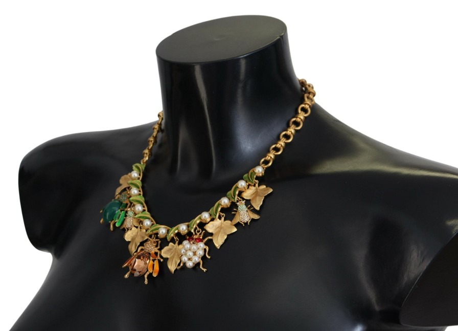 Women Dolce & Gabbana Women'S Necklaces | Dolce & Gabbana Gold Brass Crystal Logo Bug Floral Statement Necklace