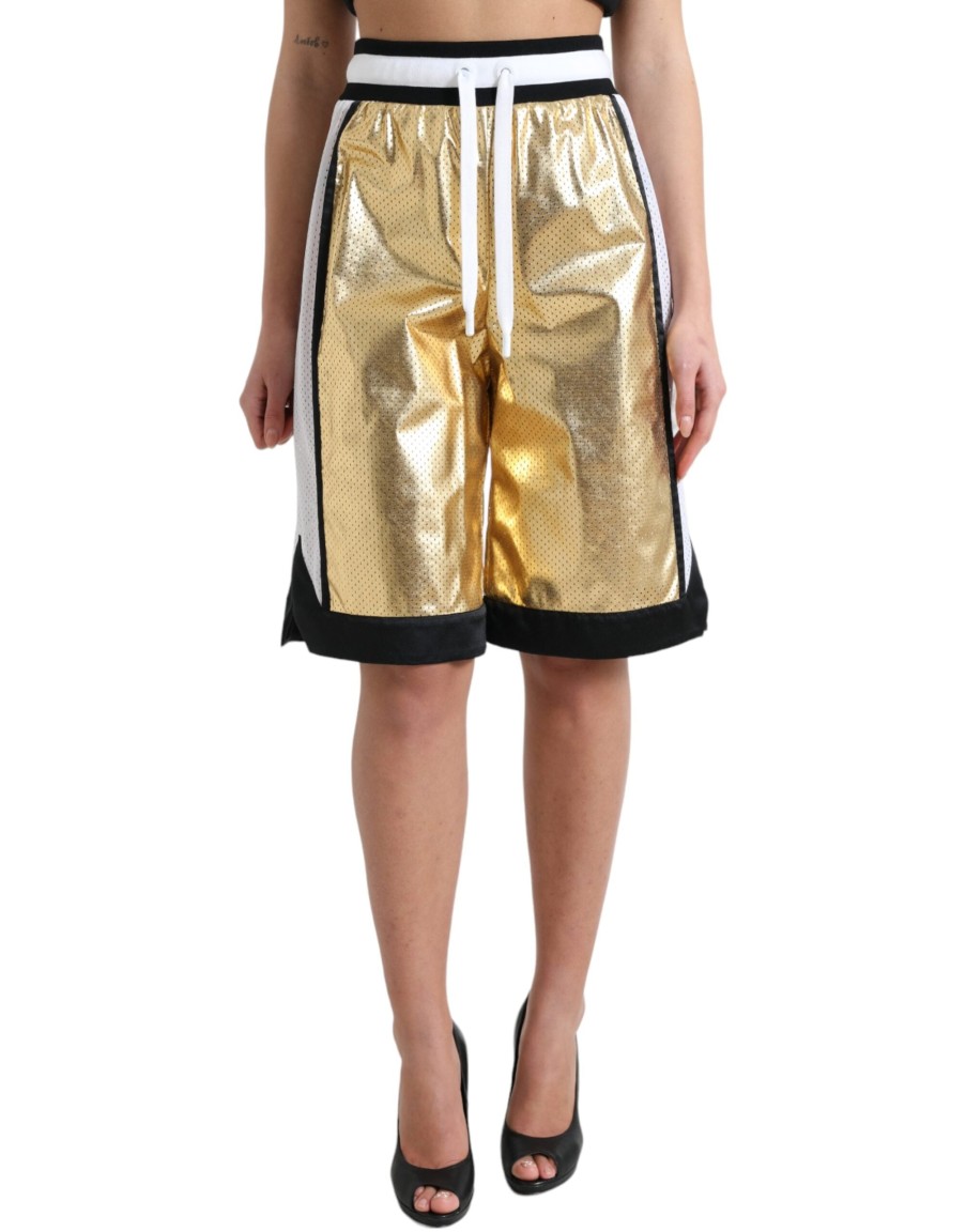 Women Dolce & Gabbana Women'S Shorts | Dolce & Gabbana Gold Polyester Perforated High Waist Shorts