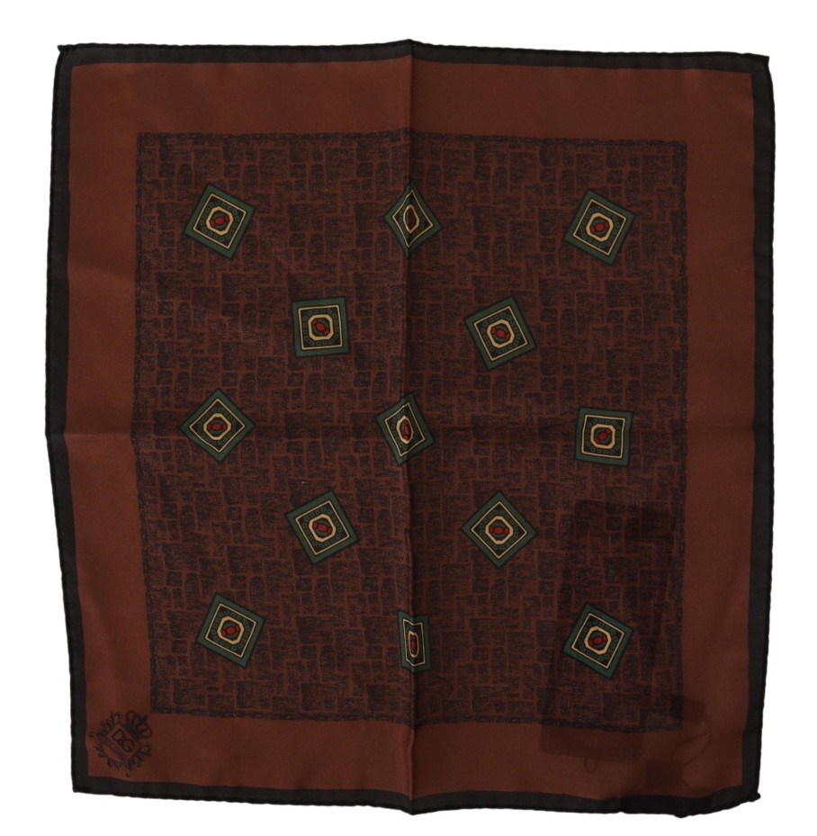 Men Dolce & Gabbana Men'S Handkerchief | Dolce & Gabbana Brown Patterned Silk Square Handkerchief Scarf