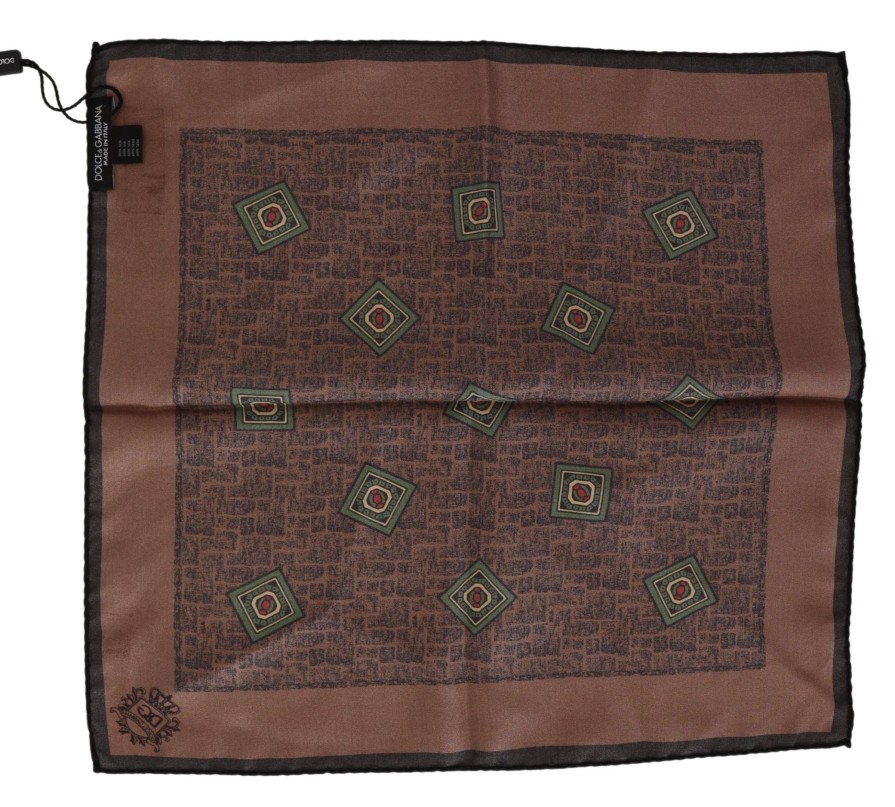 Men Dolce & Gabbana Men'S Handkerchief | Dolce & Gabbana Brown Patterned Silk Square Handkerchief Scarf