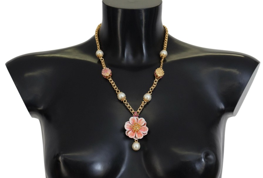 Women Dolce & Gabbana Women'S Necklaces | Dolce & Gabbana Gold Tone Floral Crystals Pink Embellished Necklace