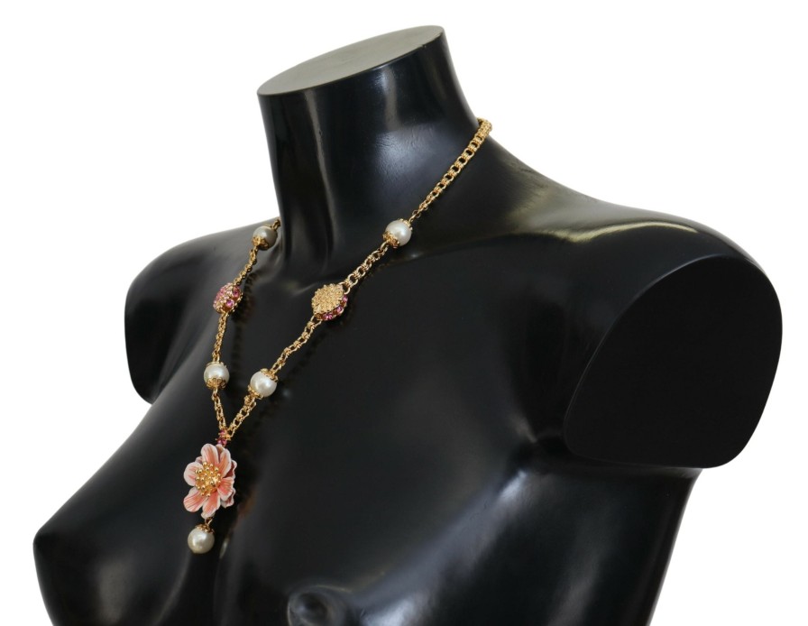 Women Dolce & Gabbana Women'S Necklaces | Dolce & Gabbana Gold Tone Floral Crystals Pink Embellished Necklace