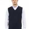 Men Alpha Studio Men'S Vests | Alpha Studio Chic V-Neck Ribbed Knit Vest In Elegant Blue