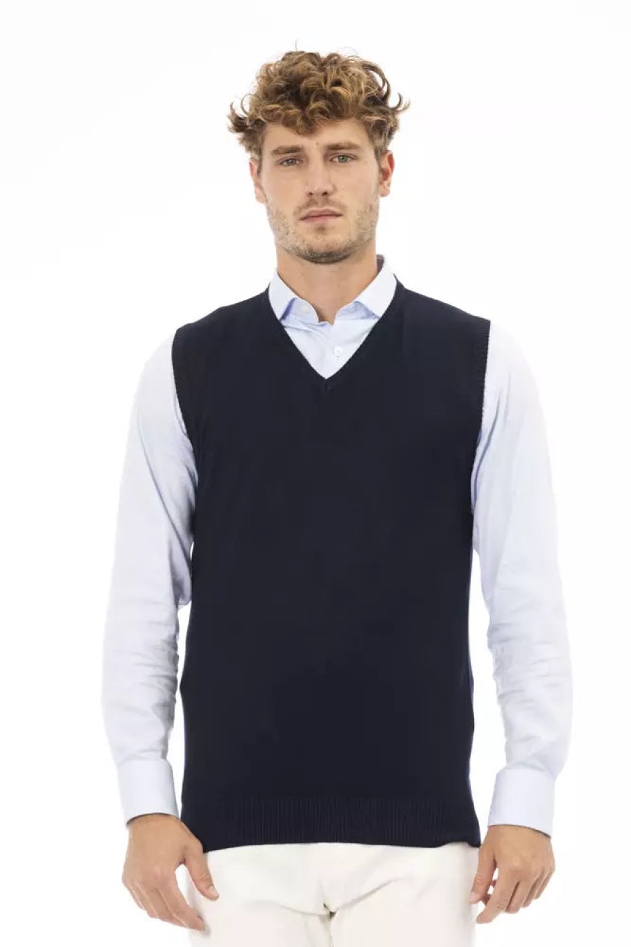 Men Alpha Studio Men'S Vests | Alpha Studio Chic V-Neck Ribbed Knit Vest In Elegant Blue