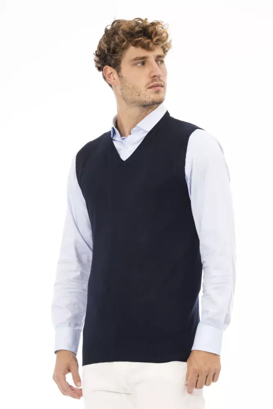 Men Alpha Studio Men'S Vests | Alpha Studio Chic V-Neck Ribbed Knit Vest In Elegant Blue