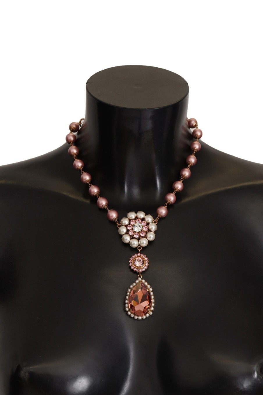 Women Dolce & Gabbana Women'S Necklaces | Dolce & Gabbana Gold Tone Brass Pink Beaded Pearls Crystal Pendant Nec