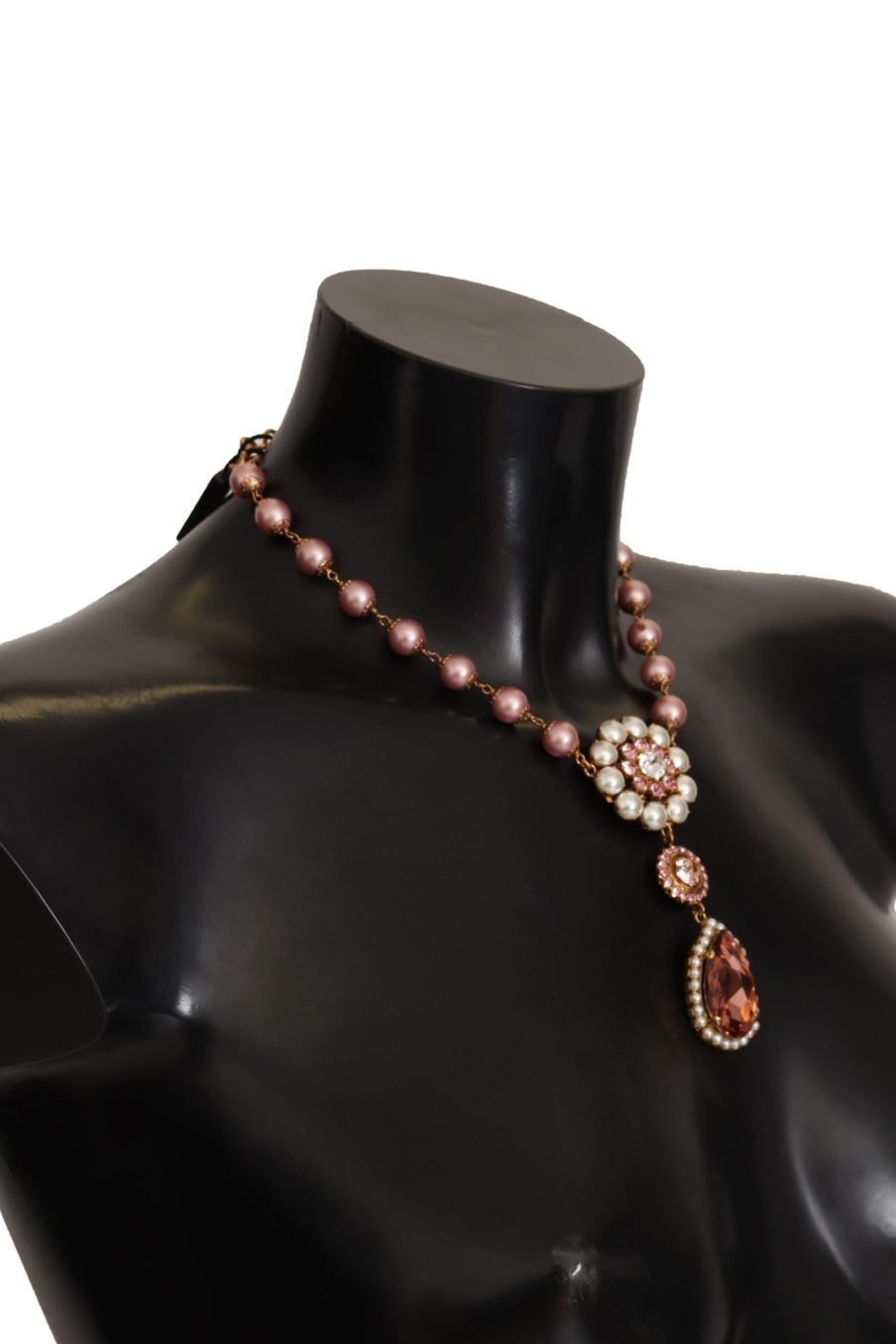 Women Dolce & Gabbana Women'S Necklaces | Dolce & Gabbana Gold Tone Brass Pink Beaded Pearls Crystal Pendant Nec