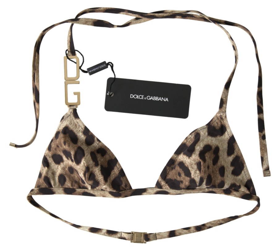 Women Dolce & Gabbana Women'S Swimwear | Dolce & Gabbana Brown Leopard Dg Metal Strap Beachwear Bikini Tops