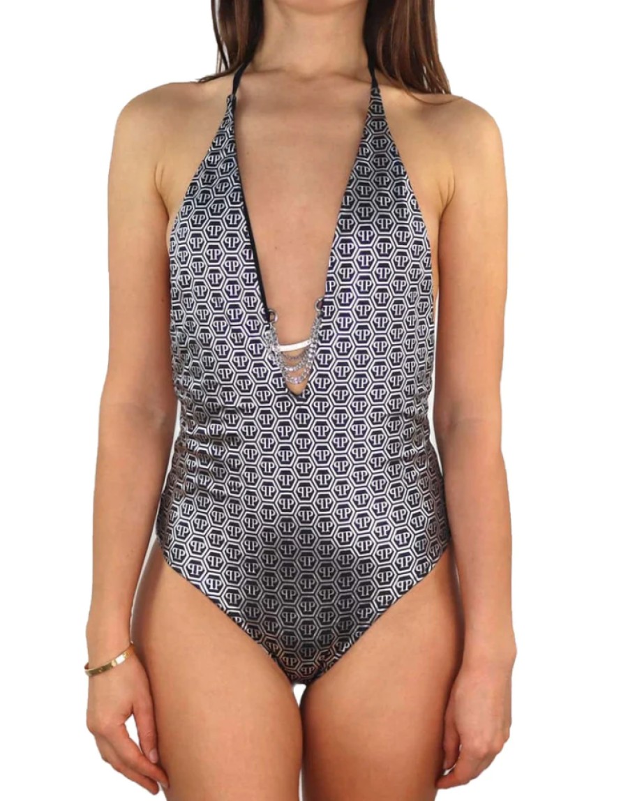 Women Philipp Plein Women'S Swimwear | Philipp Plein Glamorous V-Neck Chain-Accented Swimsuit