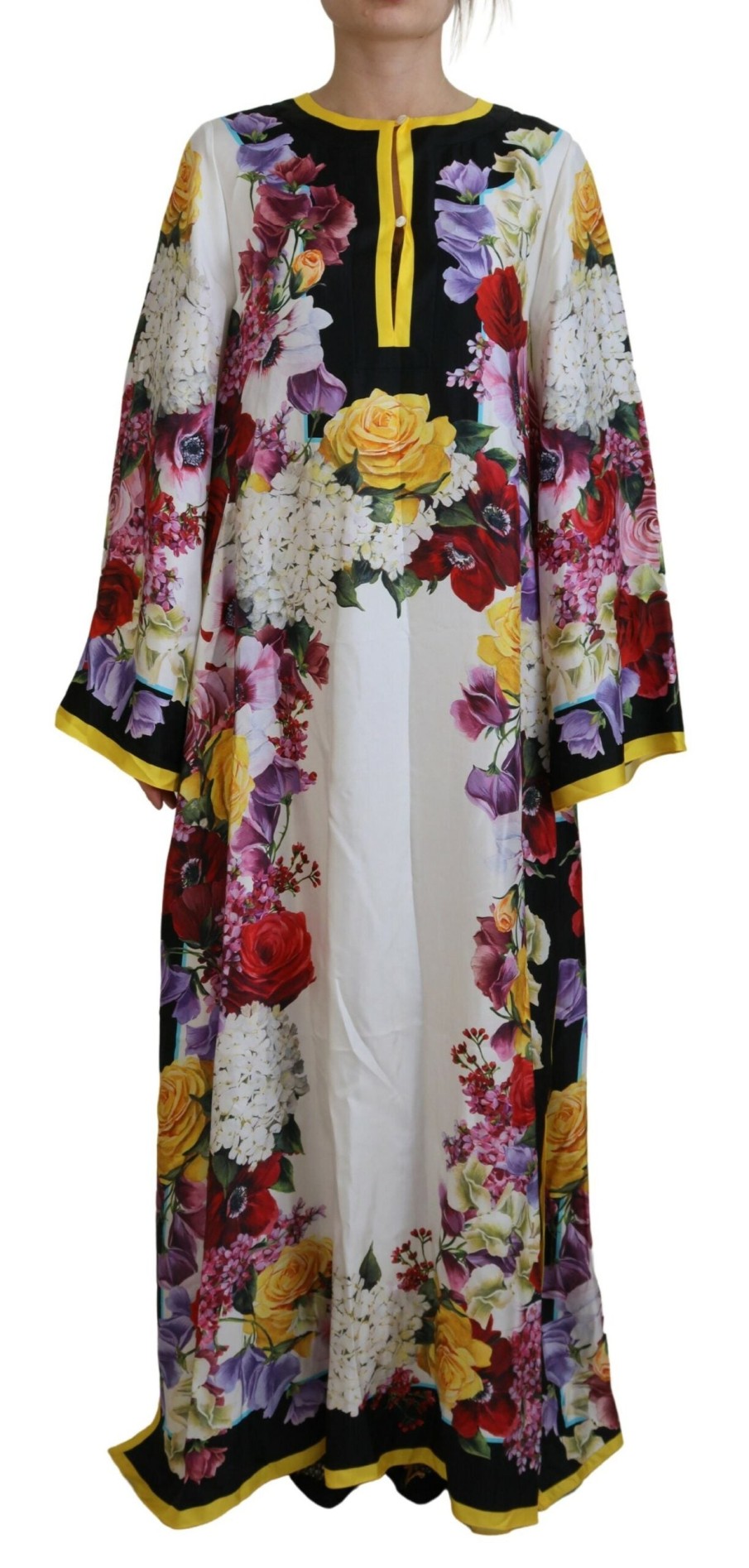 Women Dolce & Gabbana Women'S Dresses | Dolce & Gabbana Multicolor Ortensia Silk Long Kaftan Dress