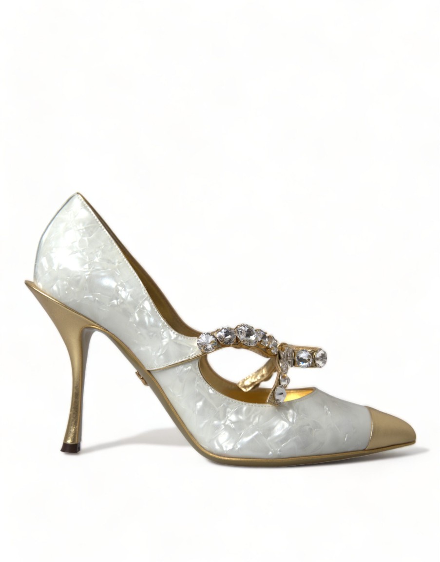 Women Dolce & Gabbana Women'S Pumps | Dolce & Gabbana White Mary Jane Crystal Pearl Pumps Shoes