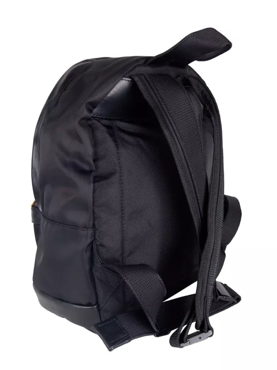 Men Palm Angels Men Backpacks | Palm Angels Sleek Black Nylon & Leather Backpack With Gold Accents