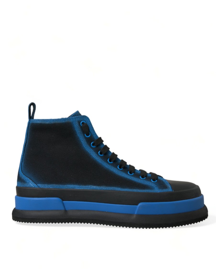 Men Dolce & Gabbana Men'S Sneakers | Dolce & Gabbana Black Blue Canvas Cotton High Top Sneakers Shoes