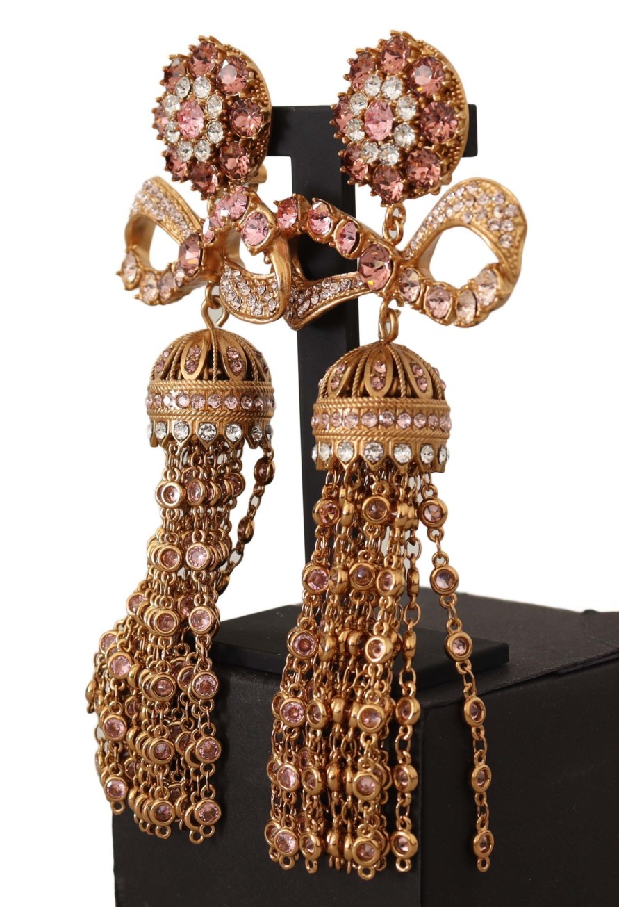 Women Dolce & Gabbana Women'S Earrings | Dolce & Gabbana Gold Dangling Crystals Long Clip-On Jewelry Earrings