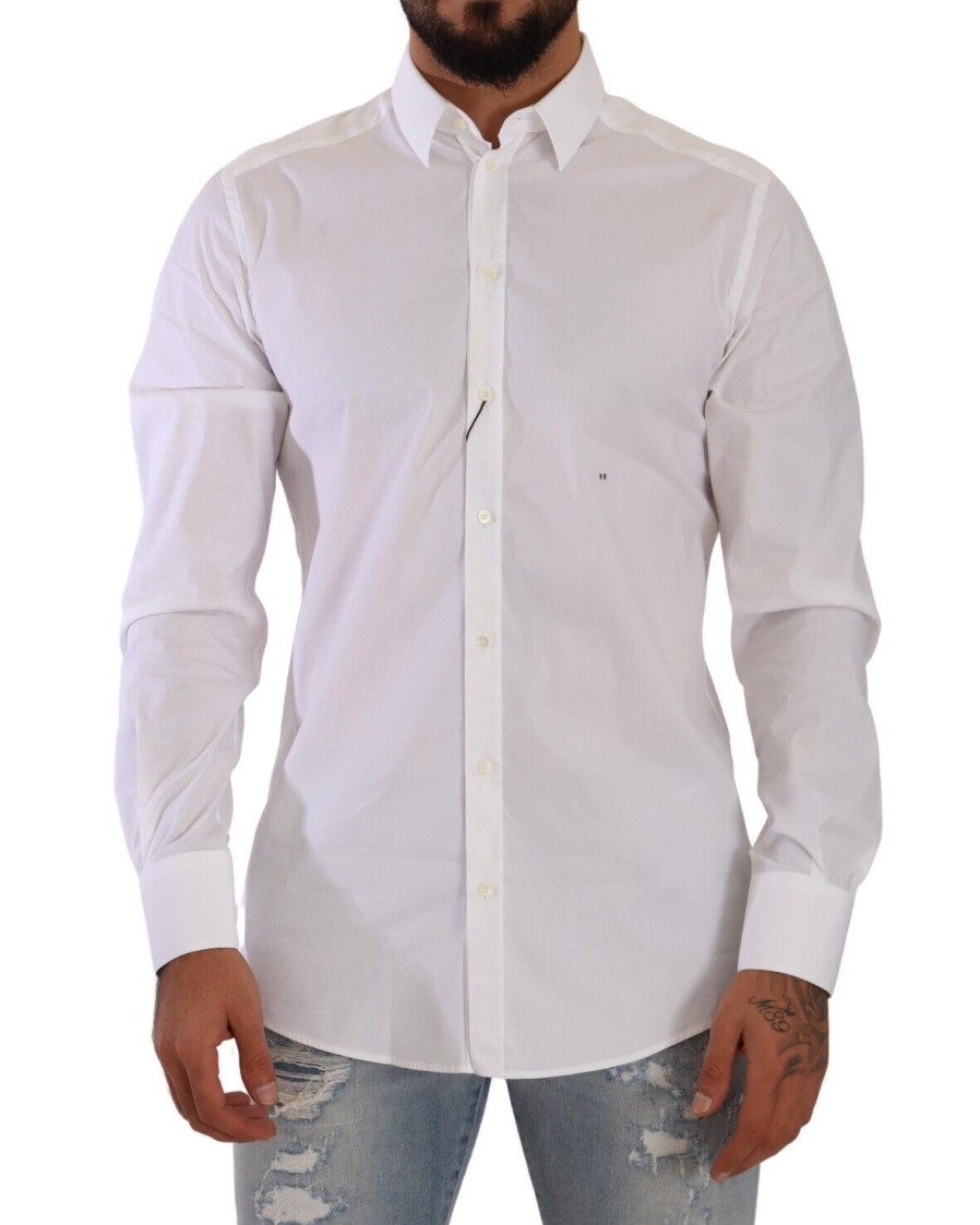 Men Dolce & Gabbana Men'S Shirts | Dolce & Gabbana White Gold Cotton Blend Dress Men Formal Shirt