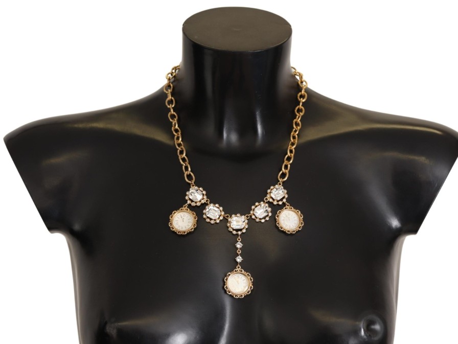 Women Dolce & Gabbana Women'S Necklaces | Dolce & Gabbana Gold Clock Statement Crystal Chain Necklace