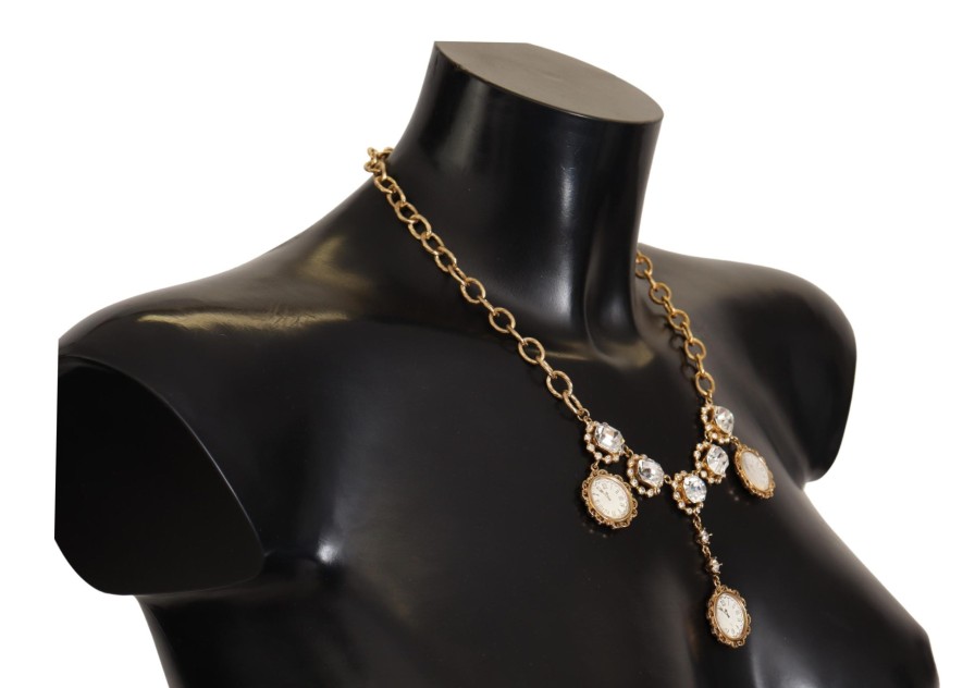 Women Dolce & Gabbana Women'S Necklaces | Dolce & Gabbana Gold Clock Statement Crystal Chain Necklace