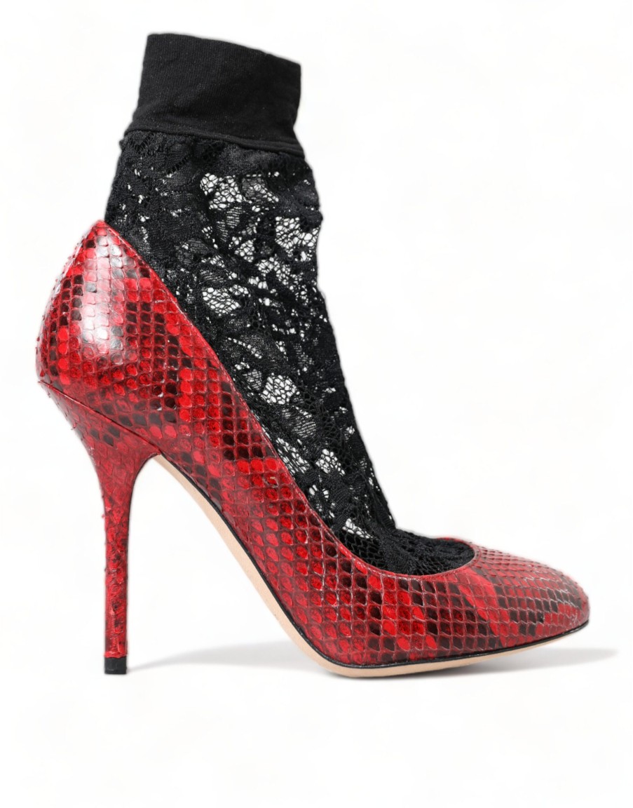 Women Dolce & Gabbana Women'S Pumps | Dolce & Gabbana Red Ayers Leather Lace Socks Pumps Shoes