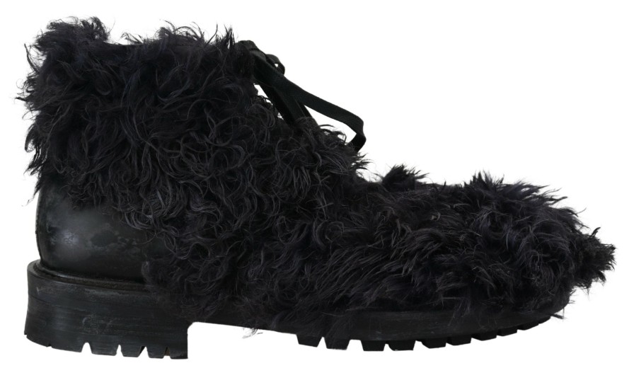 Men Dolce & Gabbana Men'S Boots | Dolce & Gabbana Black Leather Combat Shearling Boots Shoes