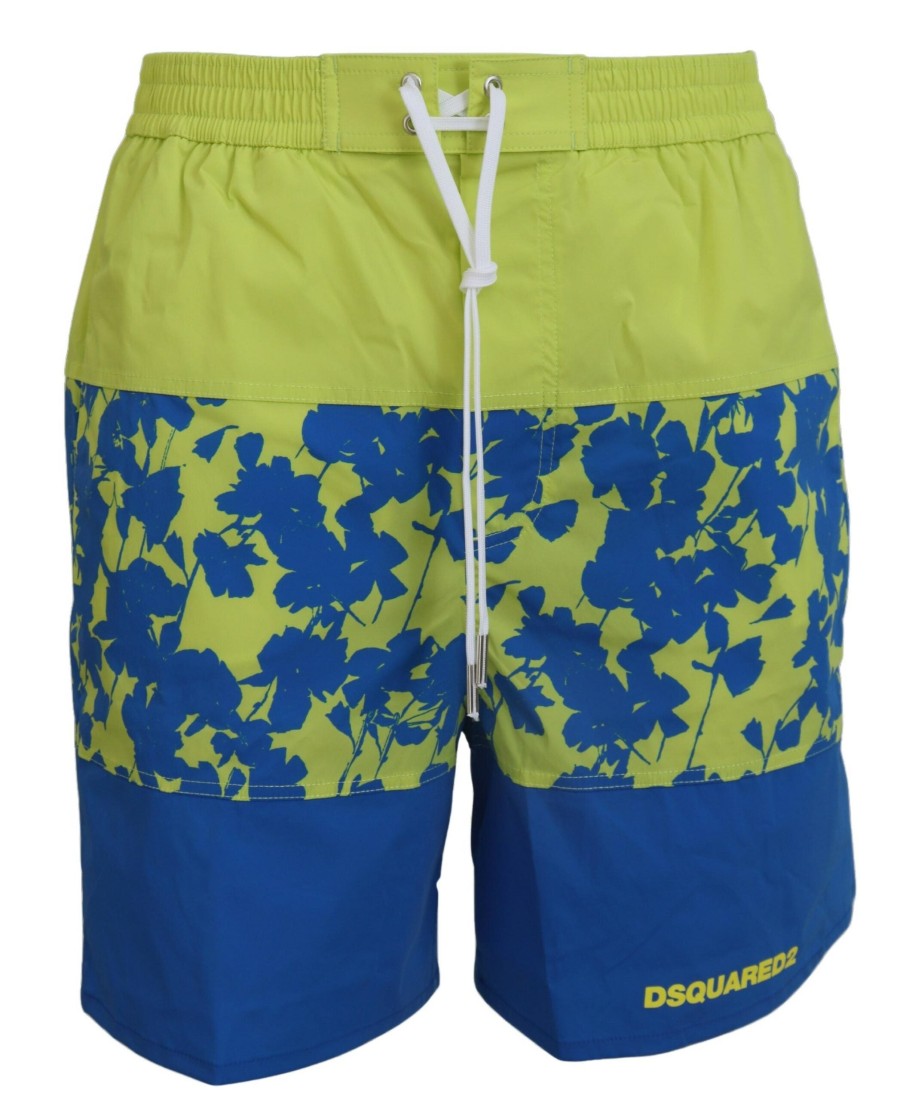 Men Dsquared² Men'S Swimwear | Dsquared Blue Green Logo Print Men Beachwear Shorts Swimwear