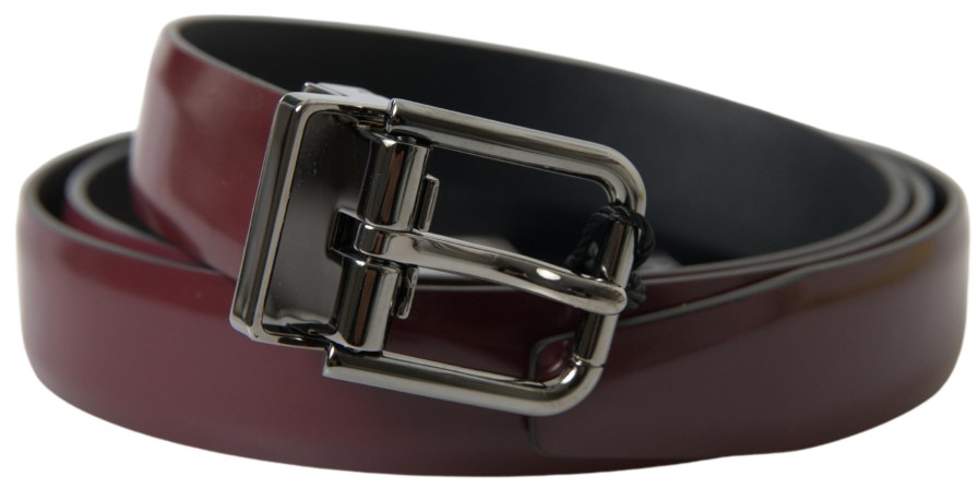 Men Dolce & Gabbana Men'S Belts | Dolce & Gabbana Bordeaux Leather Silver Metal Buckle Belt