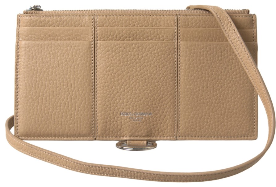 Women Dolce & Gabbana Women'S Wallets | Dolce & Gabbana Beige Leather Shoulder Cardholder Shoulder Strap Walle