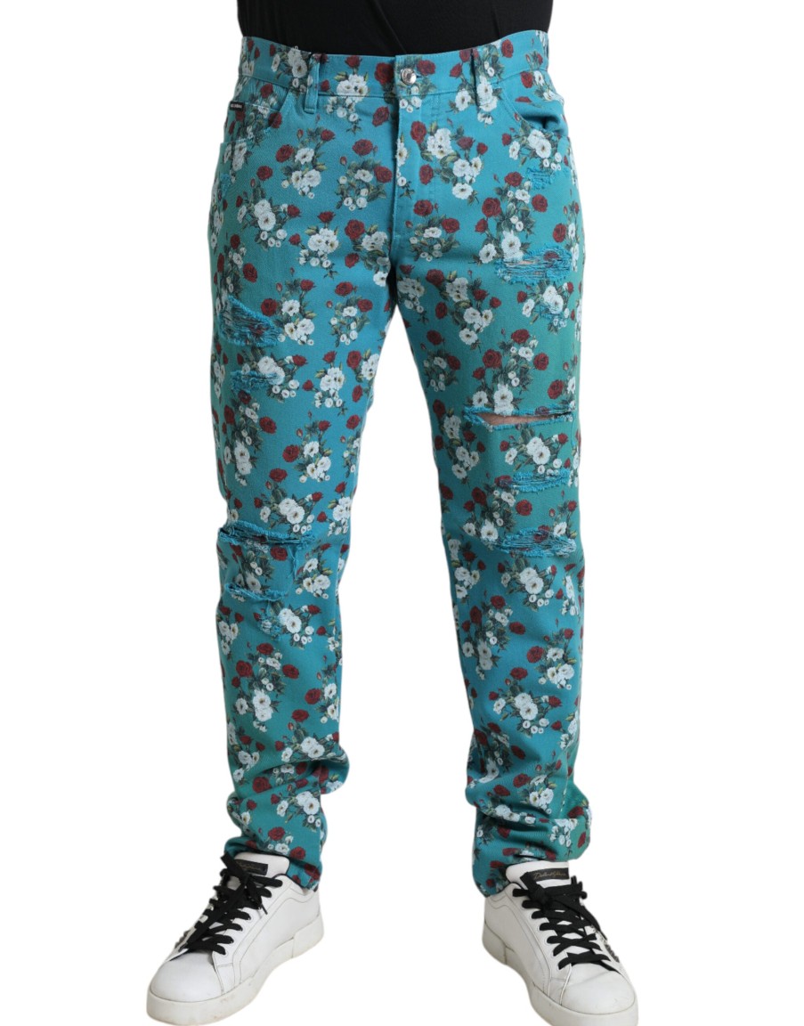 Men Dolce & Gabbana Men'S Jeans & Pants | Dolce & Gabbana Blue Floral Print Skinny Cotton Denim Pants