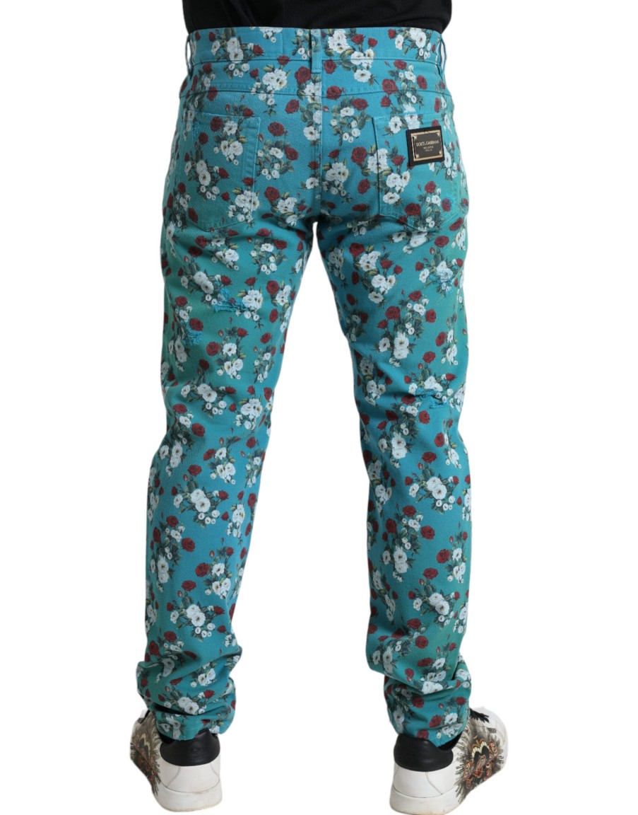 Men Dolce & Gabbana Men'S Jeans & Pants | Dolce & Gabbana Blue Floral Print Skinny Cotton Denim Pants