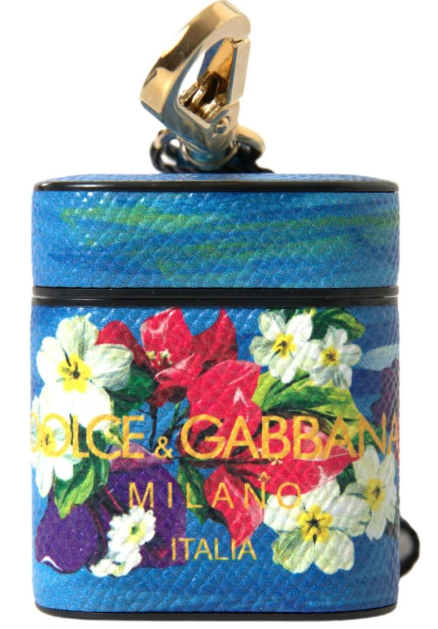 Women Dolce & Gabbana Women'S Others Accessories | Dolce & Gabbana Blue Floral Dauphine Leather Logo Printed Airpods Case