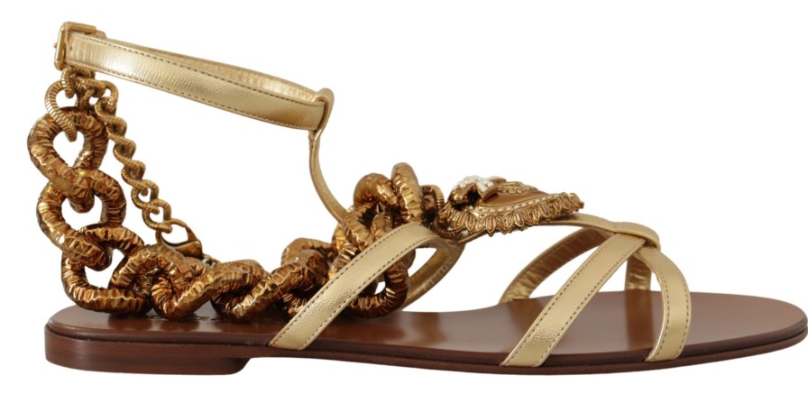 Women Dolce & Gabbana Women'S Flat Shoes | Dolce & Gabbana Gold Leather Devotion Flats Sandals