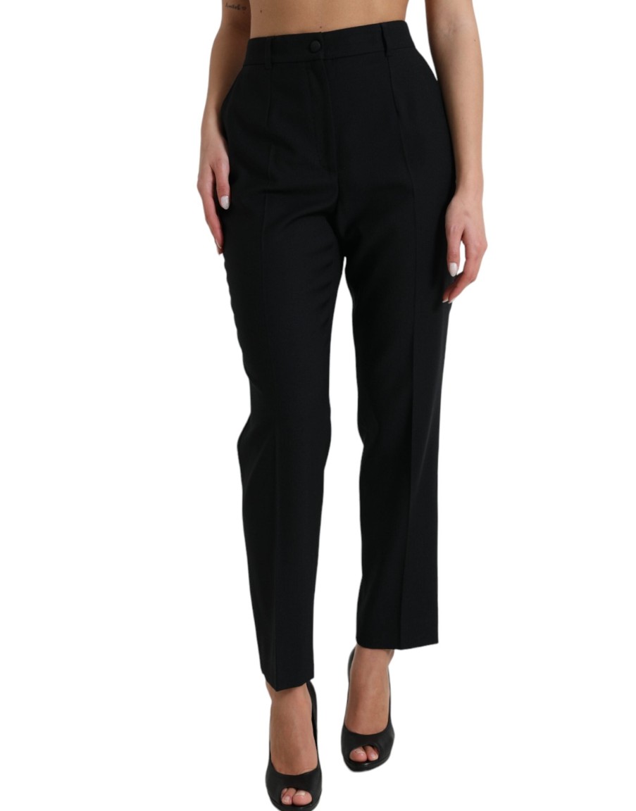 Women Dolce & Gabbana Women'S Pants & Jeans | Dolce & Gabbana Black Wool High Waist Straight Pants