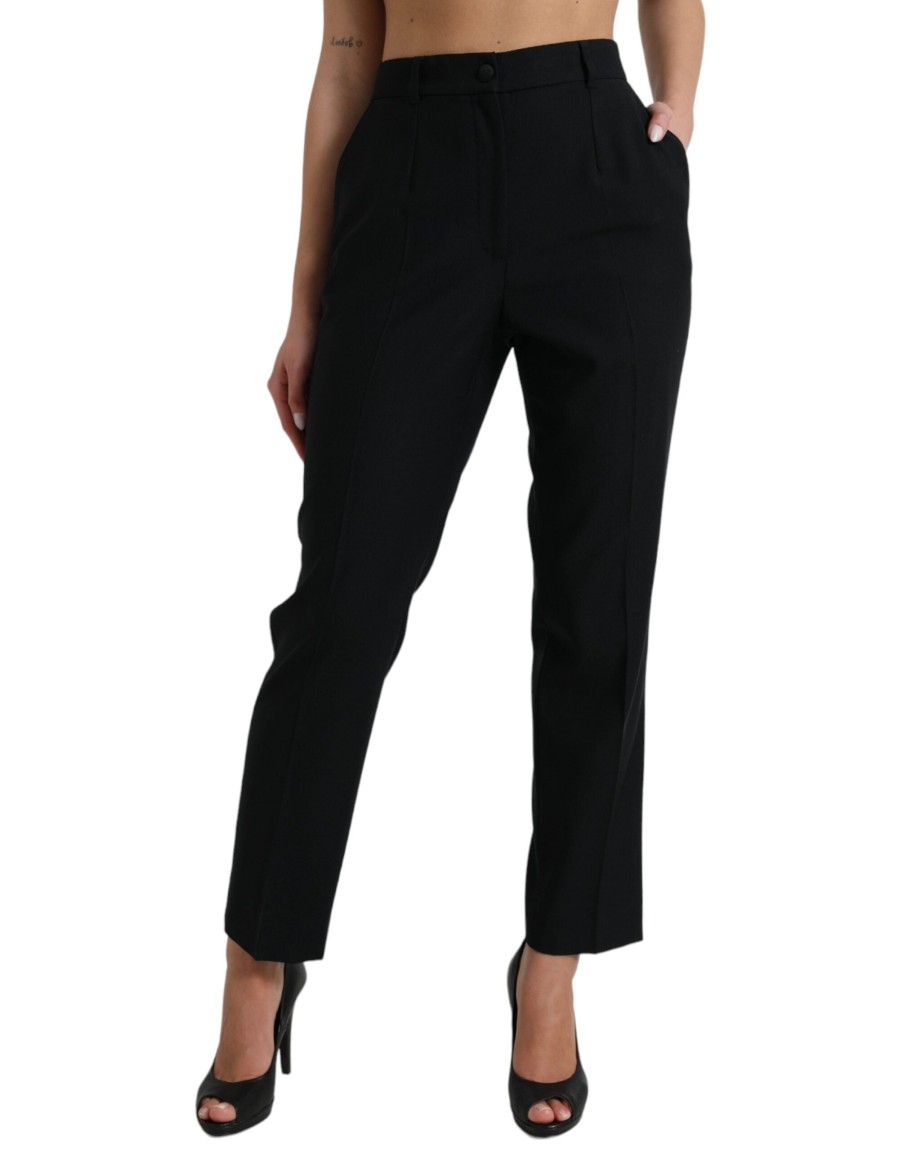 Women Dolce & Gabbana Women'S Pants & Jeans | Dolce & Gabbana Black Wool High Waist Straight Pants