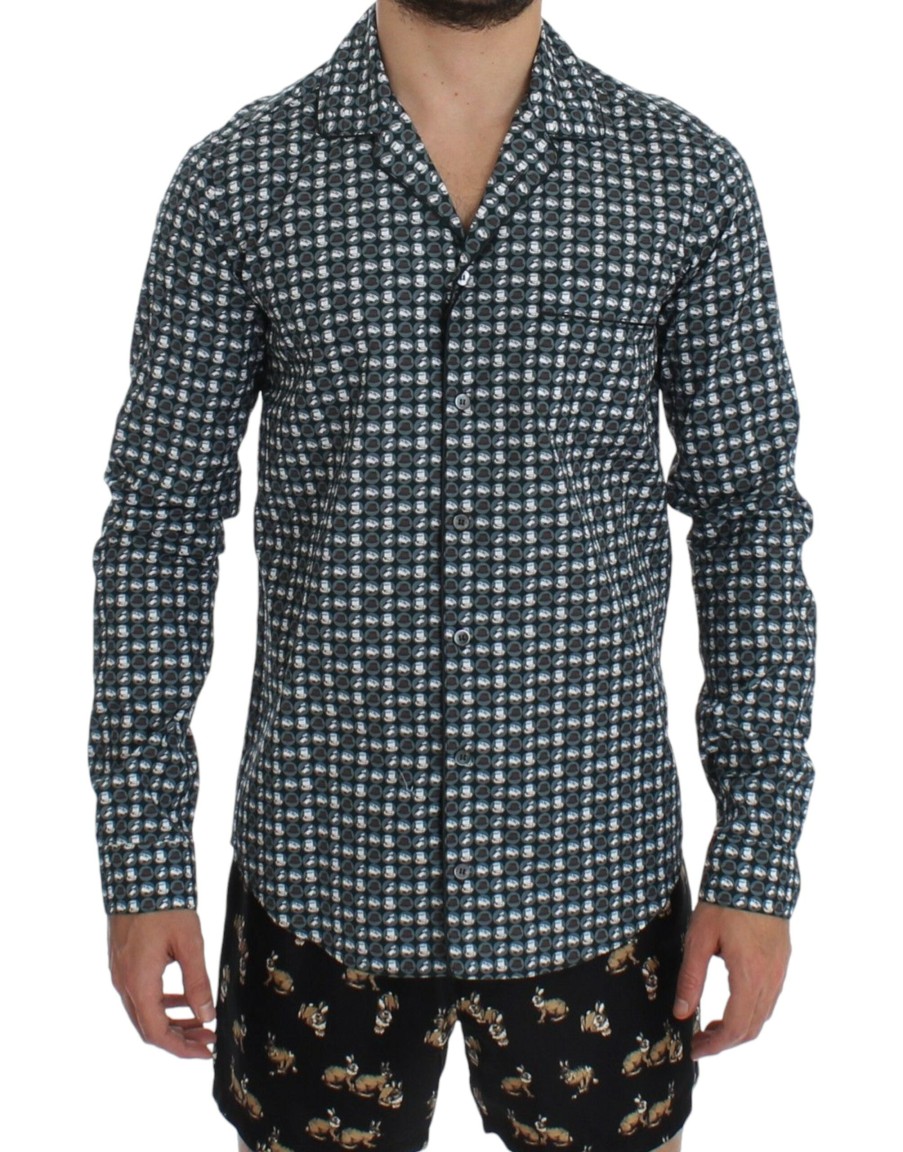 Men Dolce & Gabbana Men'S Sleepwear | Dolce & Gabbana Green Hat Print Cotton Pajama Shirt Sleepwear